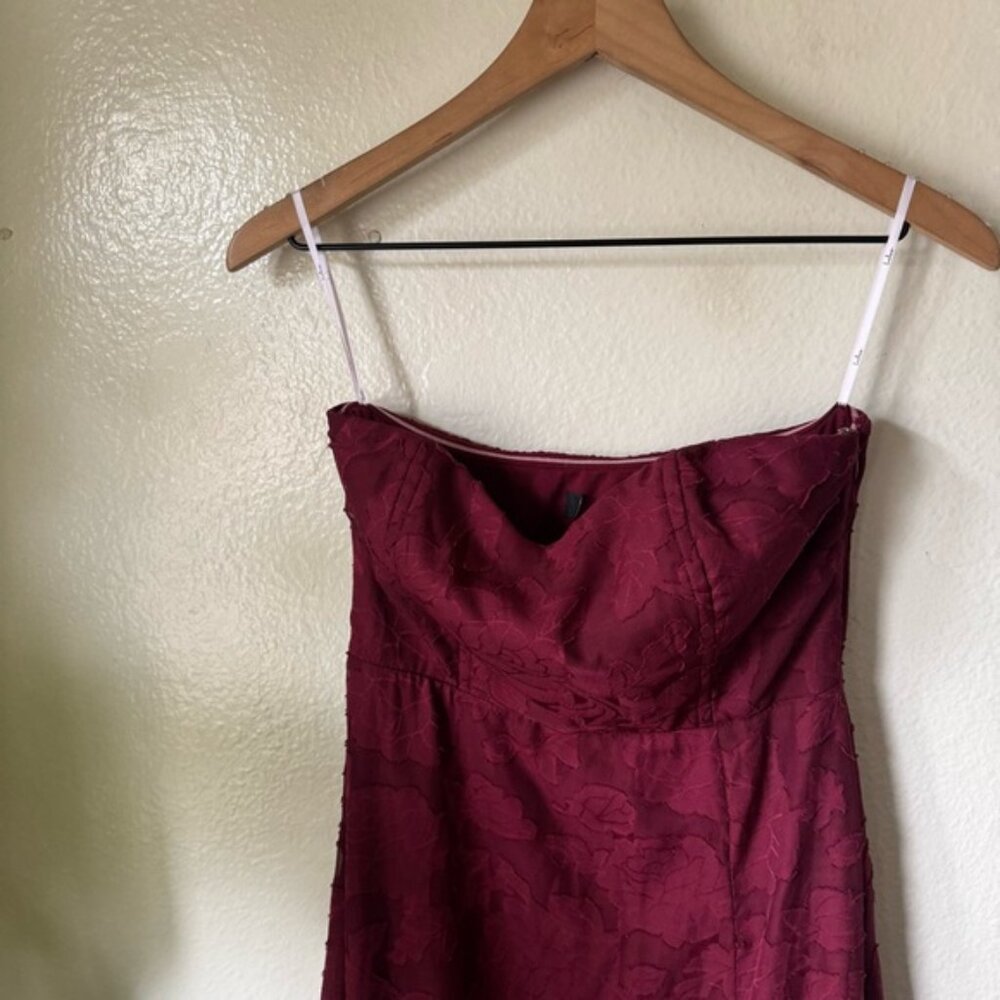 Lulus | Garden of Romance Burgundy Floral Burnout Strapless Maxi Dress - Picture 3 of 8